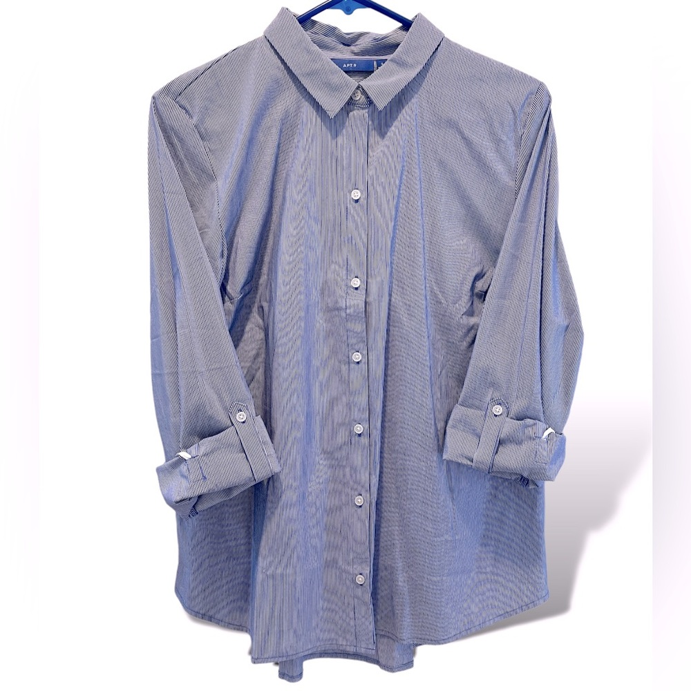 New APT 9 Button Up Blue Pin Striped Women’s Top Blouse